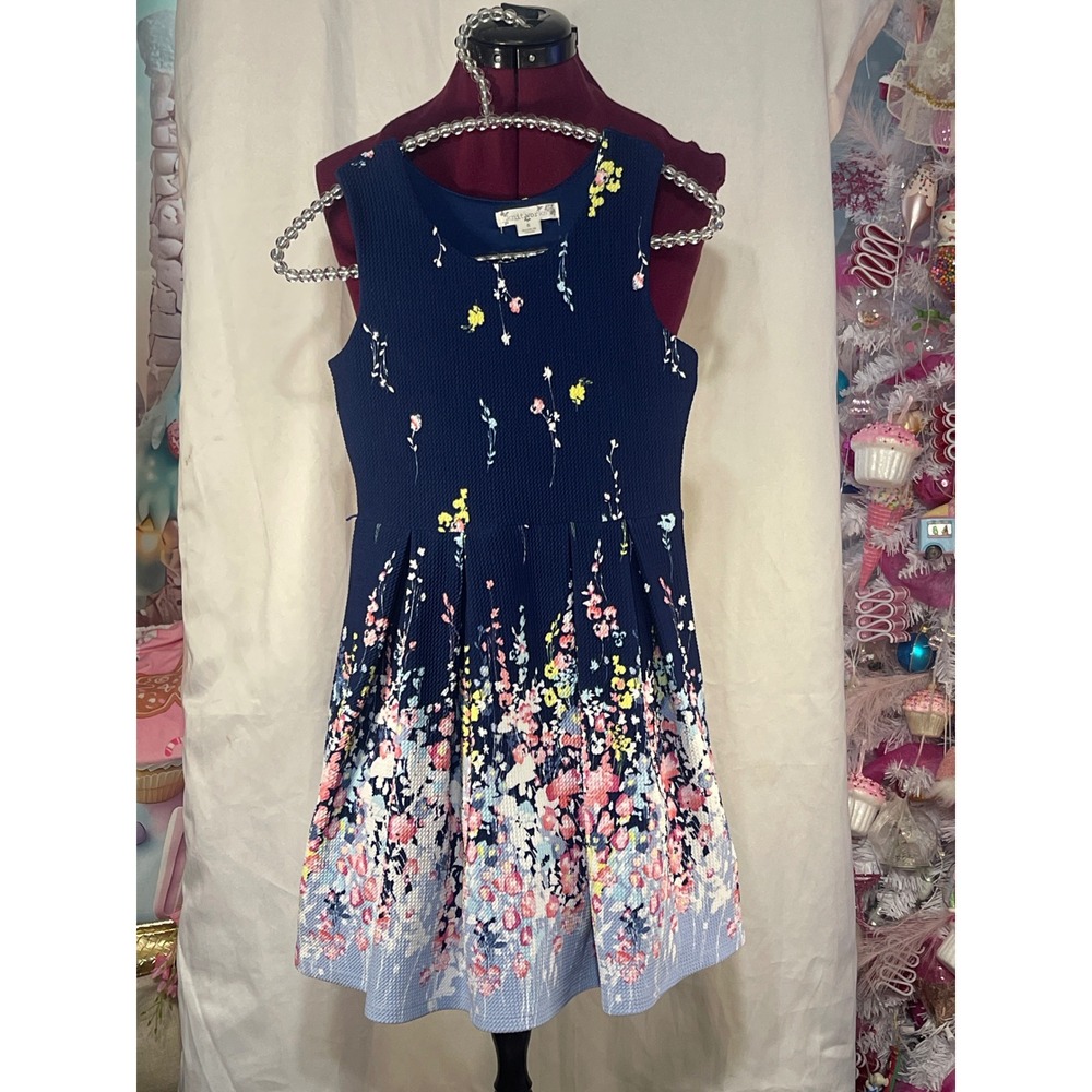Knitworks Floral Border Dress Kids 8 Navy Blue Good Sleeveless Fit & Flare